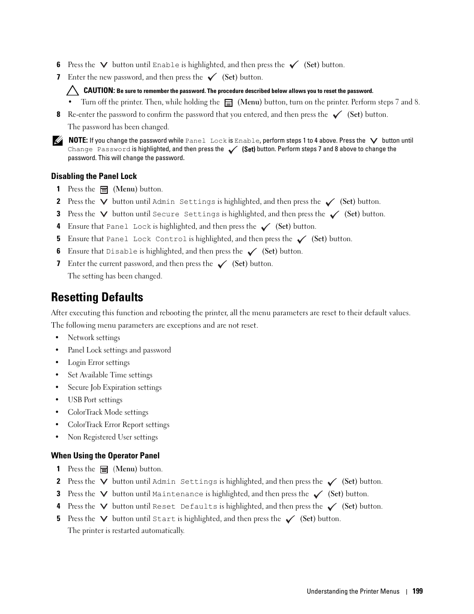 Disabling the panel lock, Resetting defaults, When using the operator panel | Dell C2660dn Color Laser Printer User Manual | Page 201 / 361