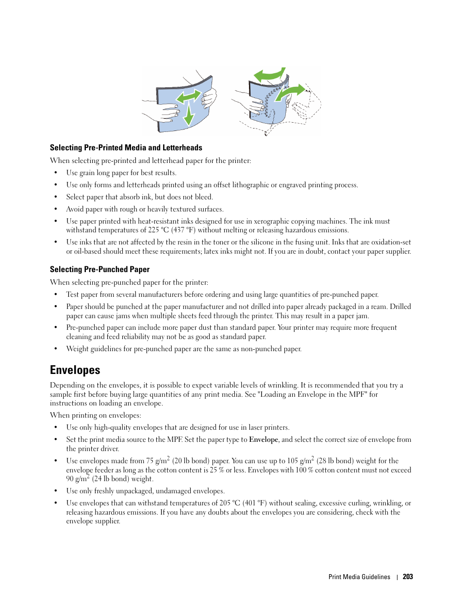 Selecting pre-printed media and letterheads, Selecting pre-punched paper, Envelopes | Dell C2660dn Color Laser Printer User Manual | Page 205 / 361