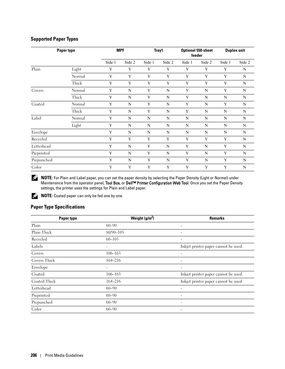 Supported paper types, Paper type specifications | Dell C2660dn Color Laser Printer User Manual | Page 208 / 361