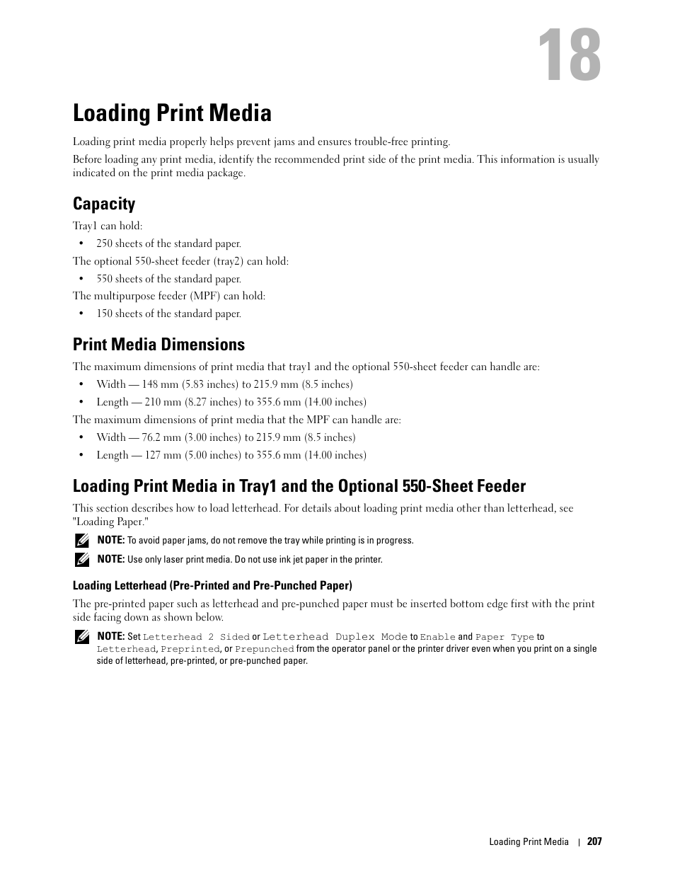 Loading print media, Capacity, Print media dimensions | 18 loading print media | Dell C2660dn Color Laser Printer User Manual | Page 209 / 361