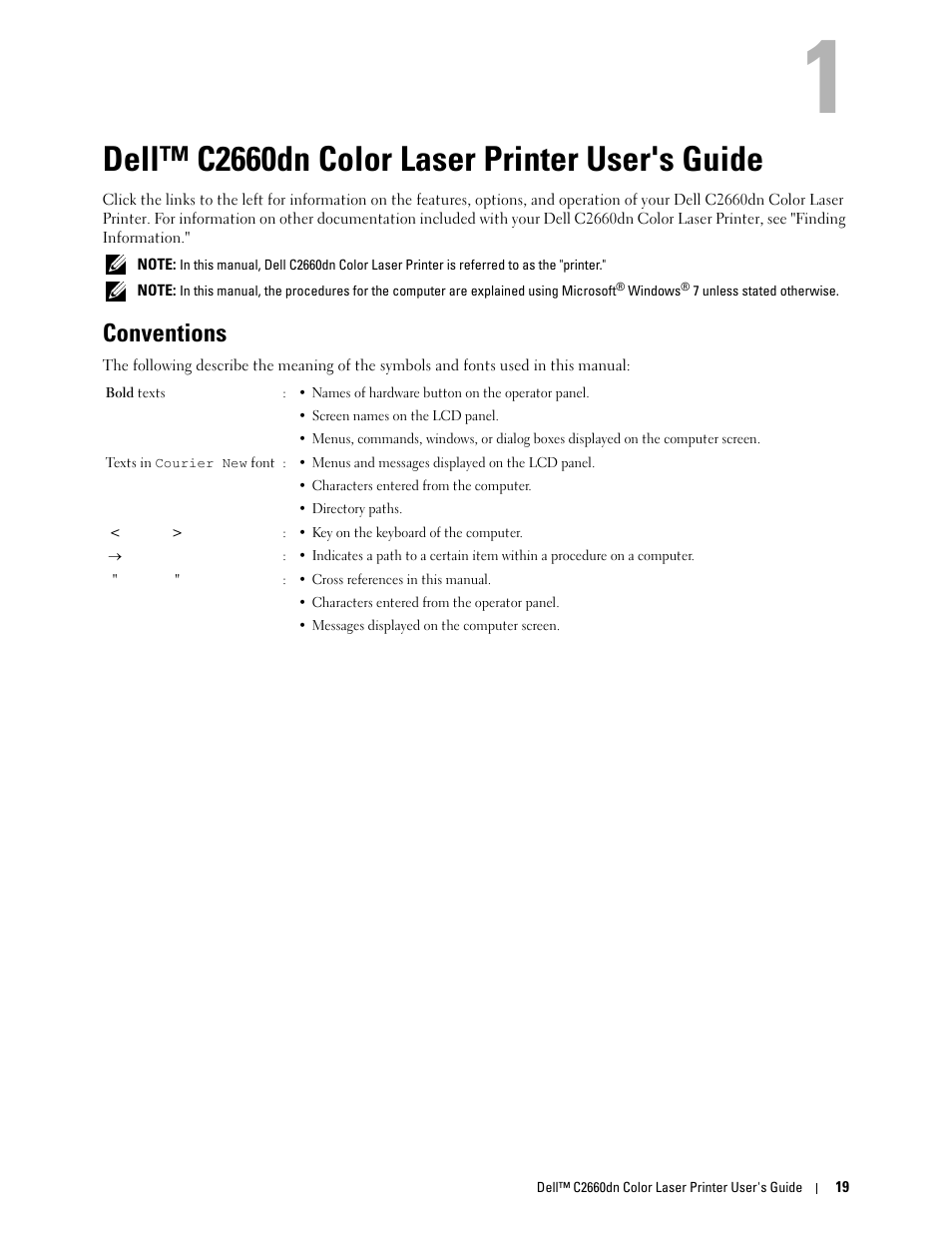 Dell™ c2660dn color laser printer user's guide, Conventions, 1 dell™ c2660dn color laser printer user's guide | Dell C2660dn Color Laser Printer User Manual | Page 21 / 361