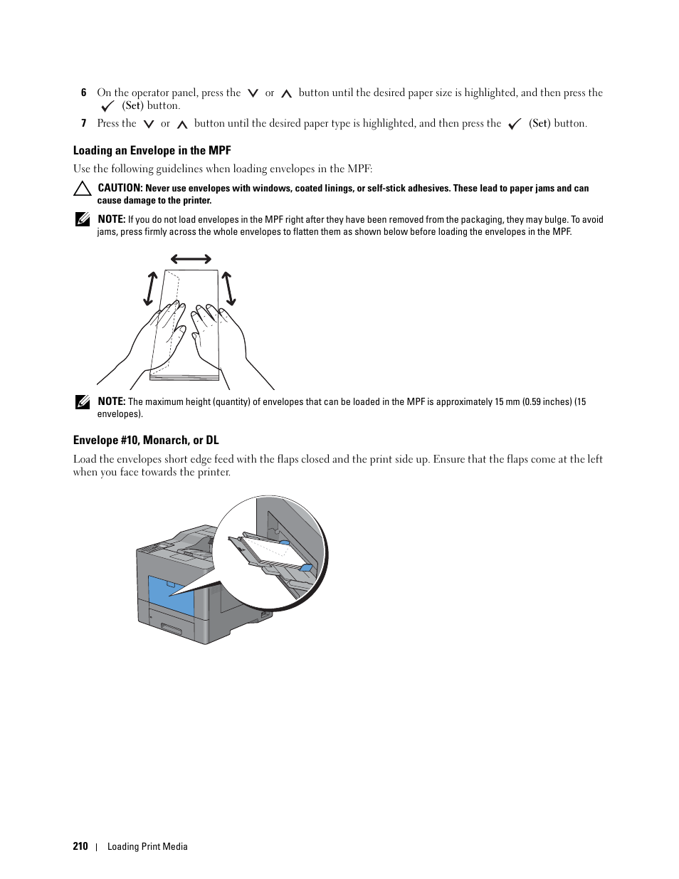 Loading an envelope in the mpf, Envelope #10, monarch, or dl | Dell C2660dn Color Laser Printer User Manual | Page 212 / 361