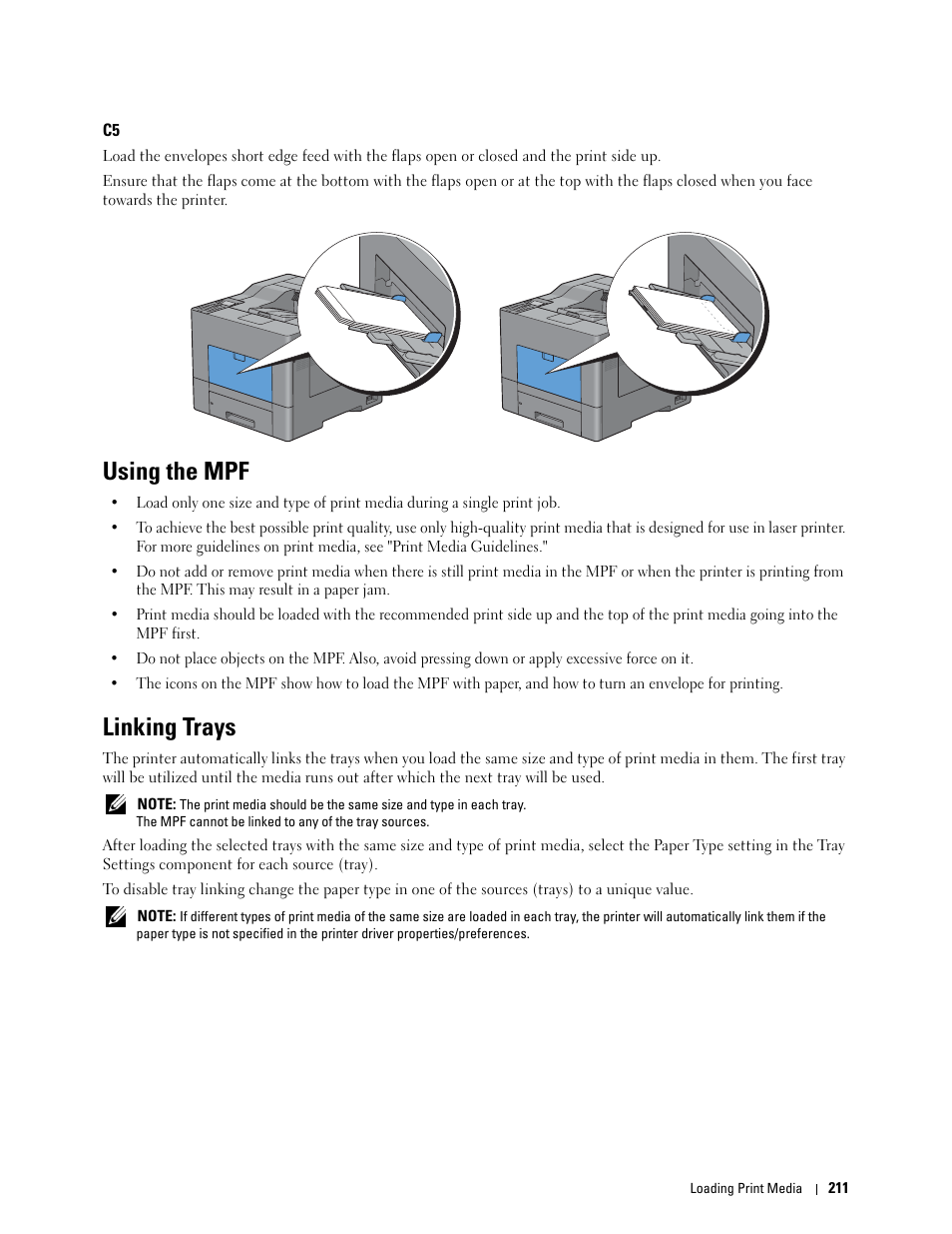 Using the mpf, Linking trays | Dell C2660dn Color Laser Printer User Manual | Page 213 / 361