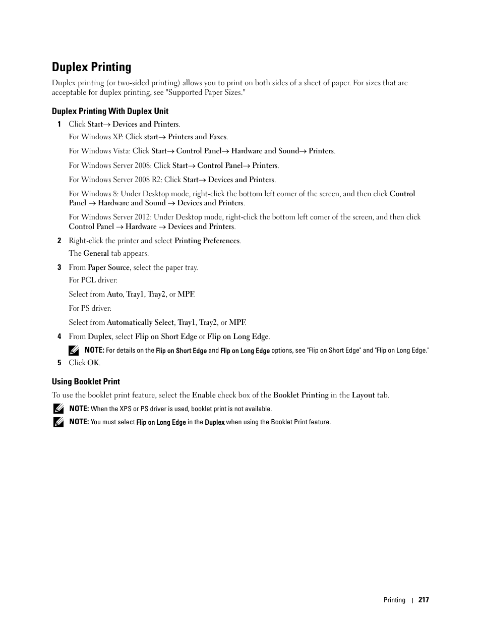 Duplex printing, Duplex printing with duplex unit, Using booklet print | Dell C2660dn Color Laser Printer User Manual | Page 219 / 361