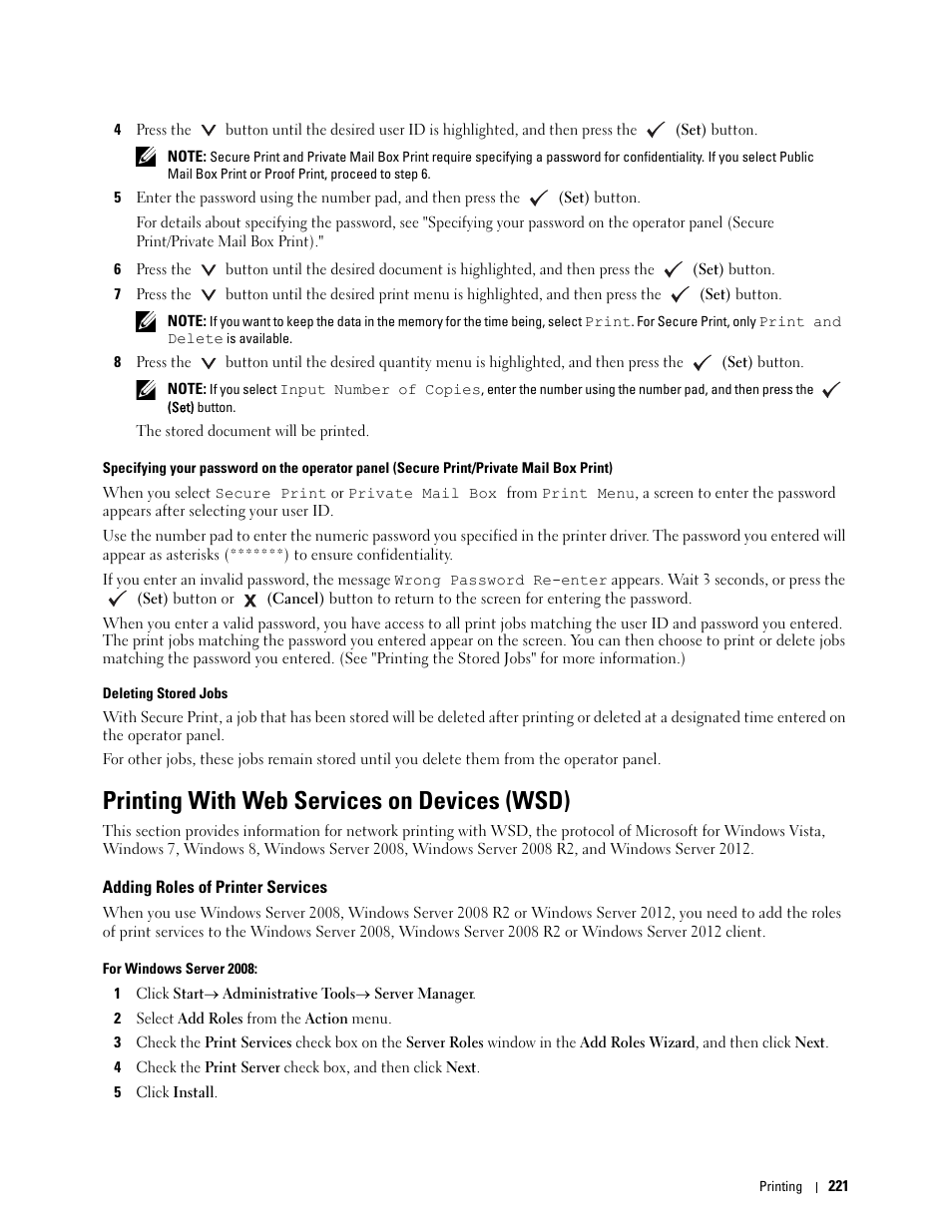 Printing with web services on devices (wsd), Adding roles of printer services | Dell C2660dn Color Laser Printer User Manual | Page 223 / 361