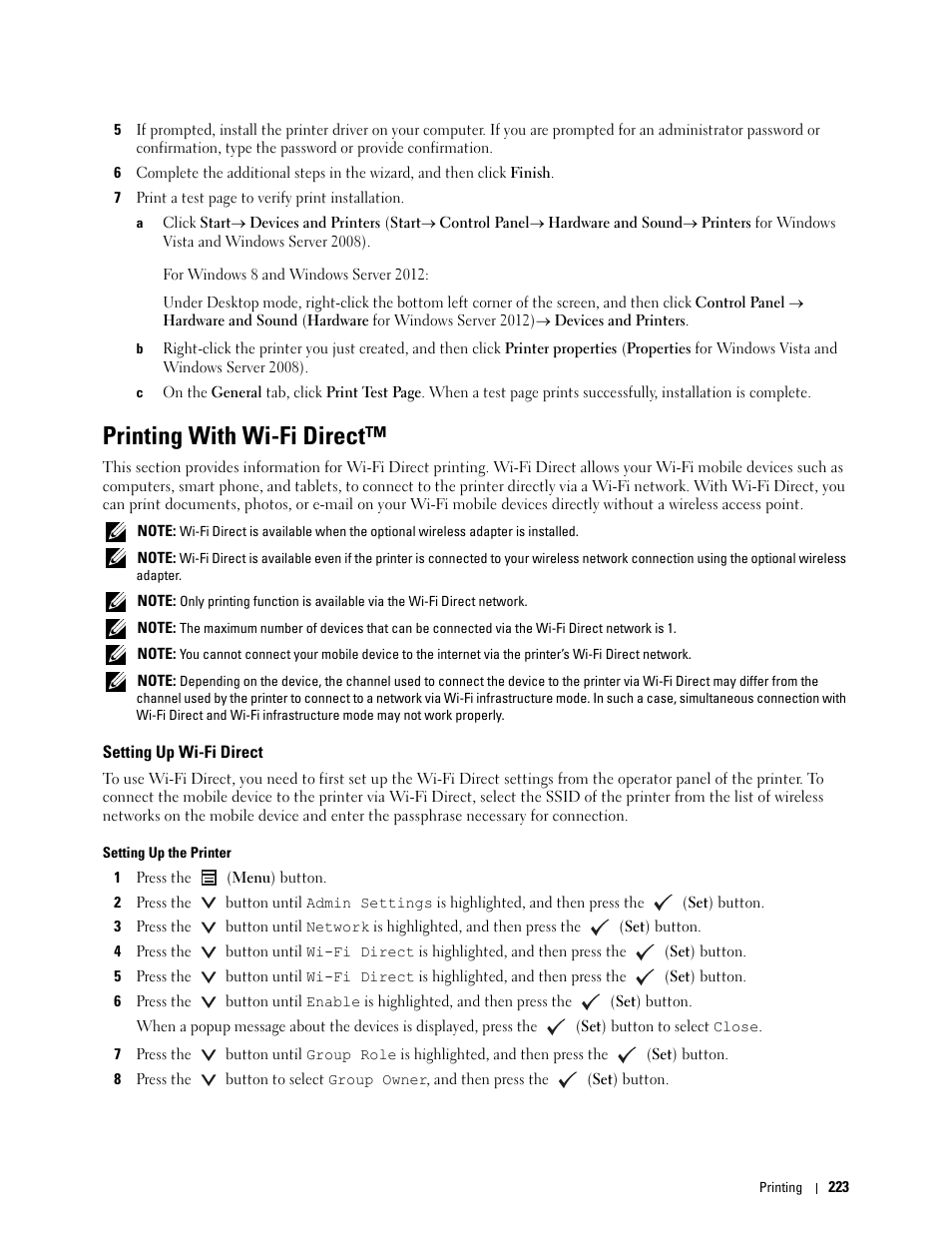 Printing with wi-fi direct, Setting up wi-fi direct | Dell C2660dn Color Laser Printer User Manual | Page 225 / 361