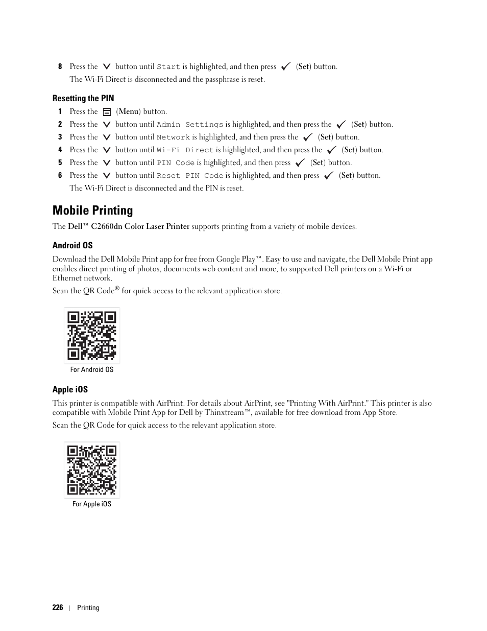 Resetting the pin, Mobile printing, Android os | Apple ios | Dell C2660dn Color Laser Printer User Manual | Page 228 / 361