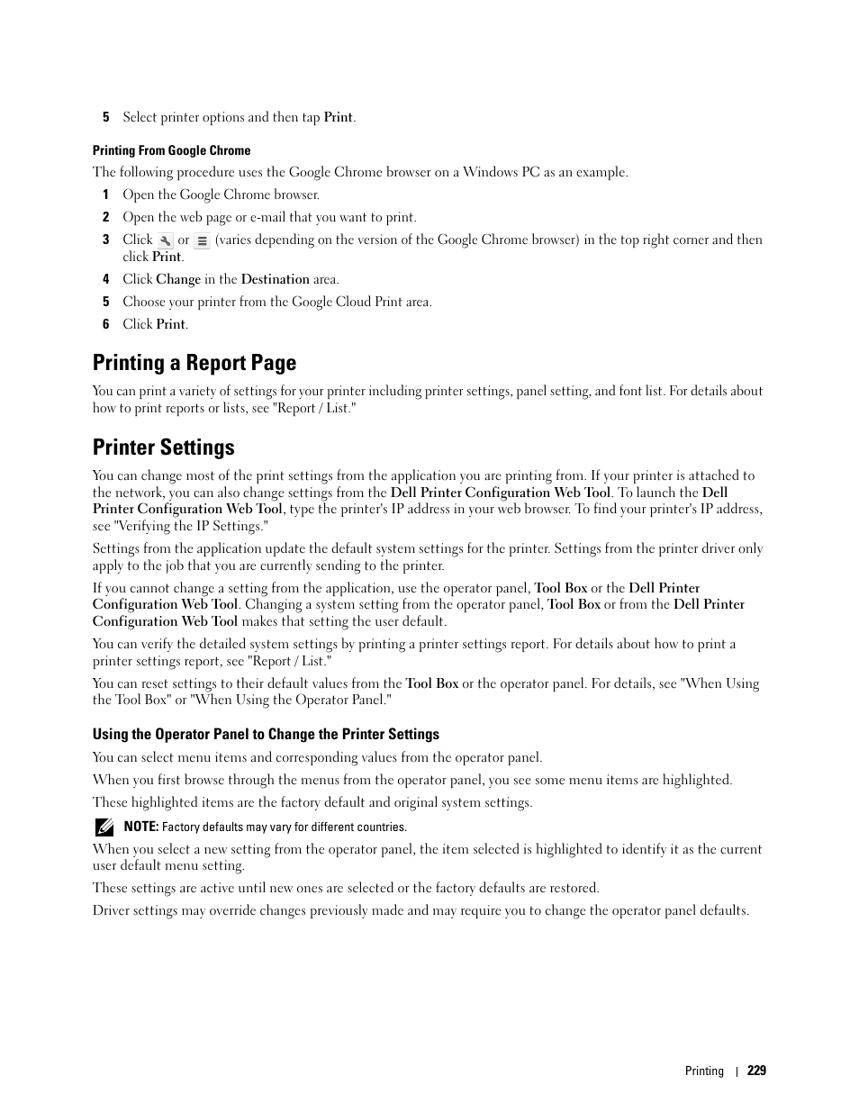 Printer settings, Printing a report page | Dell C2660dn Color Laser Printer User Manual | Page 231 / 361