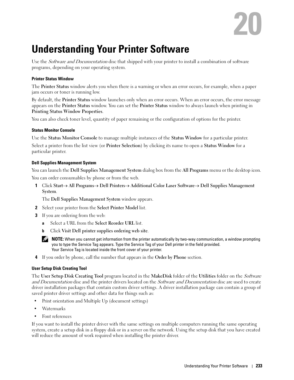 Understanding your printer software, 20 understanding your printer software | Dell C2660dn Color Laser Printer User Manual | Page 235 / 361