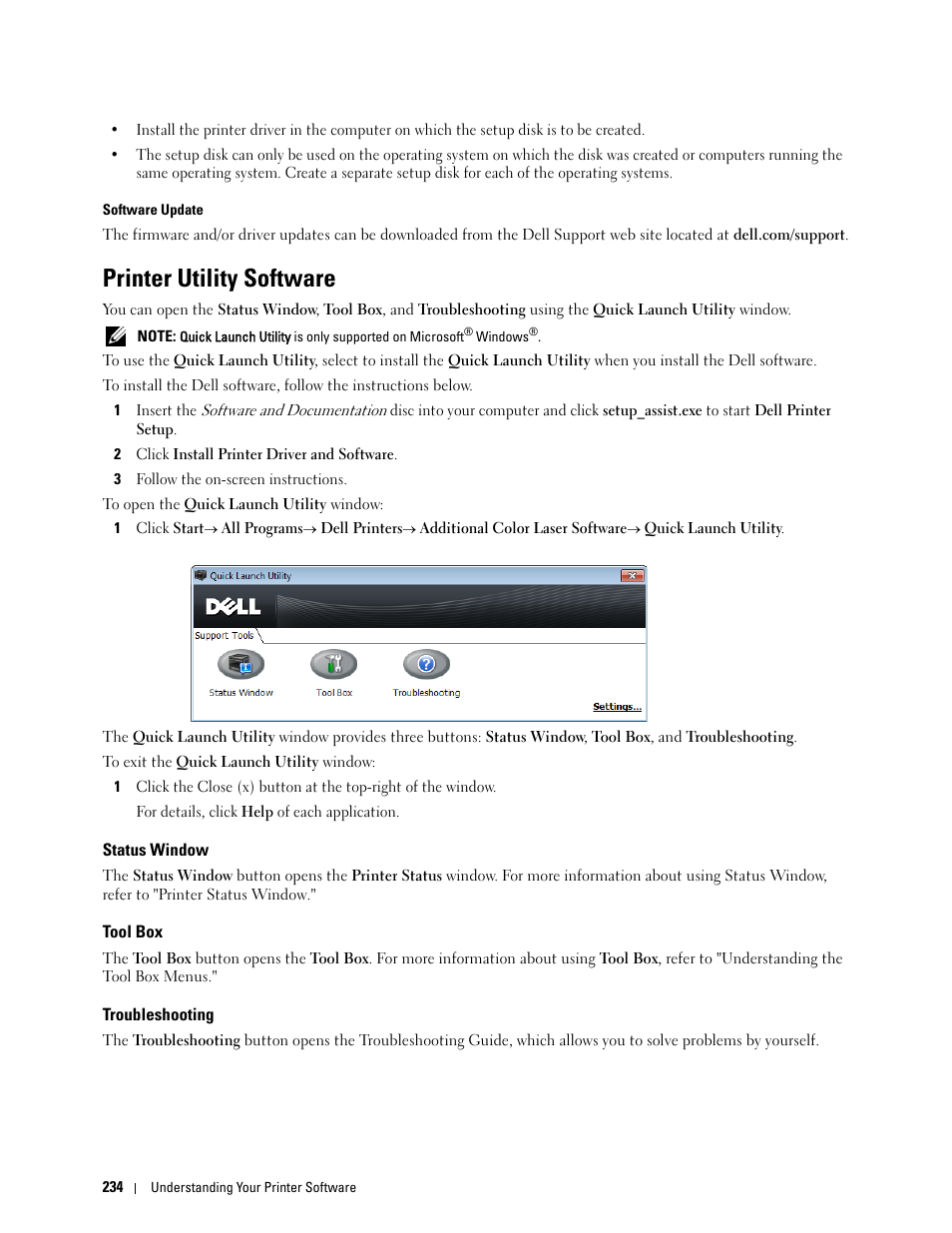 Printer utility software, Status window, Tool box | Troubleshooting | Dell C2660dn Color Laser Printer User Manual | Page 236 / 361