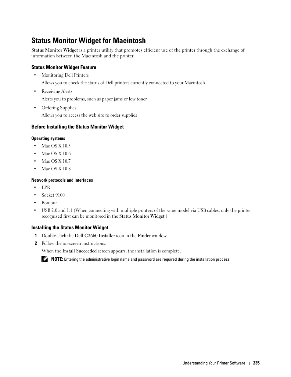 Status monitor widget for macintosh, Status monitor widget feature, Before installing the status monitor widget | Installing the status monitor widget | Dell C2660dn Color Laser Printer User Manual | Page 237 / 361