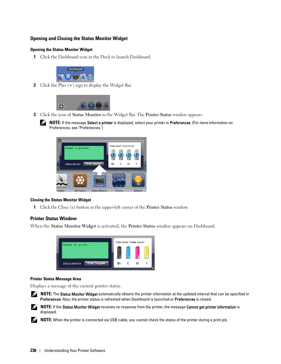 Opening and closing the status monitor widget, Printer status window | Dell C2660dn Color Laser Printer User Manual | Page 238 / 361