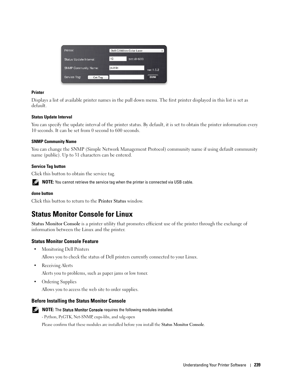 Status monitor console for linux, Status monitor console feature, Before installing the status monitor console | Dell C2660dn Color Laser Printer User Manual | Page 241 / 361