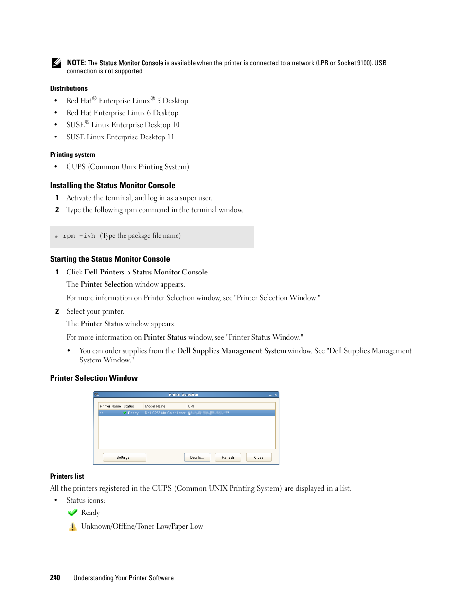 Installing the status monitor console, Starting the status monitor console, Printer selection window | Dell C2660dn Color Laser Printer User Manual | Page 242 / 361