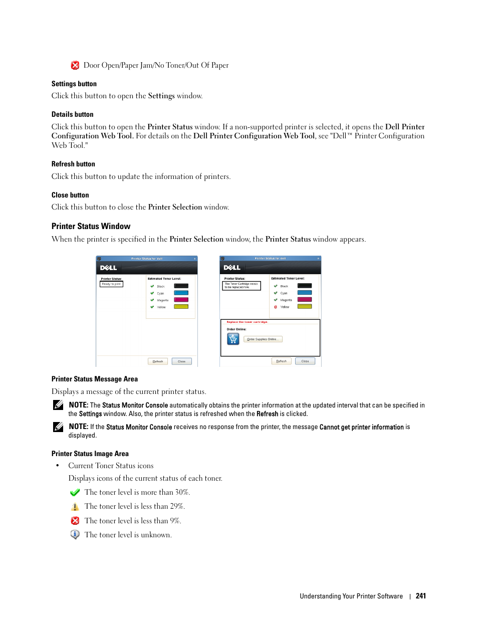 Printer status window | Dell C2660dn Color Laser Printer User Manual | Page 243 / 361