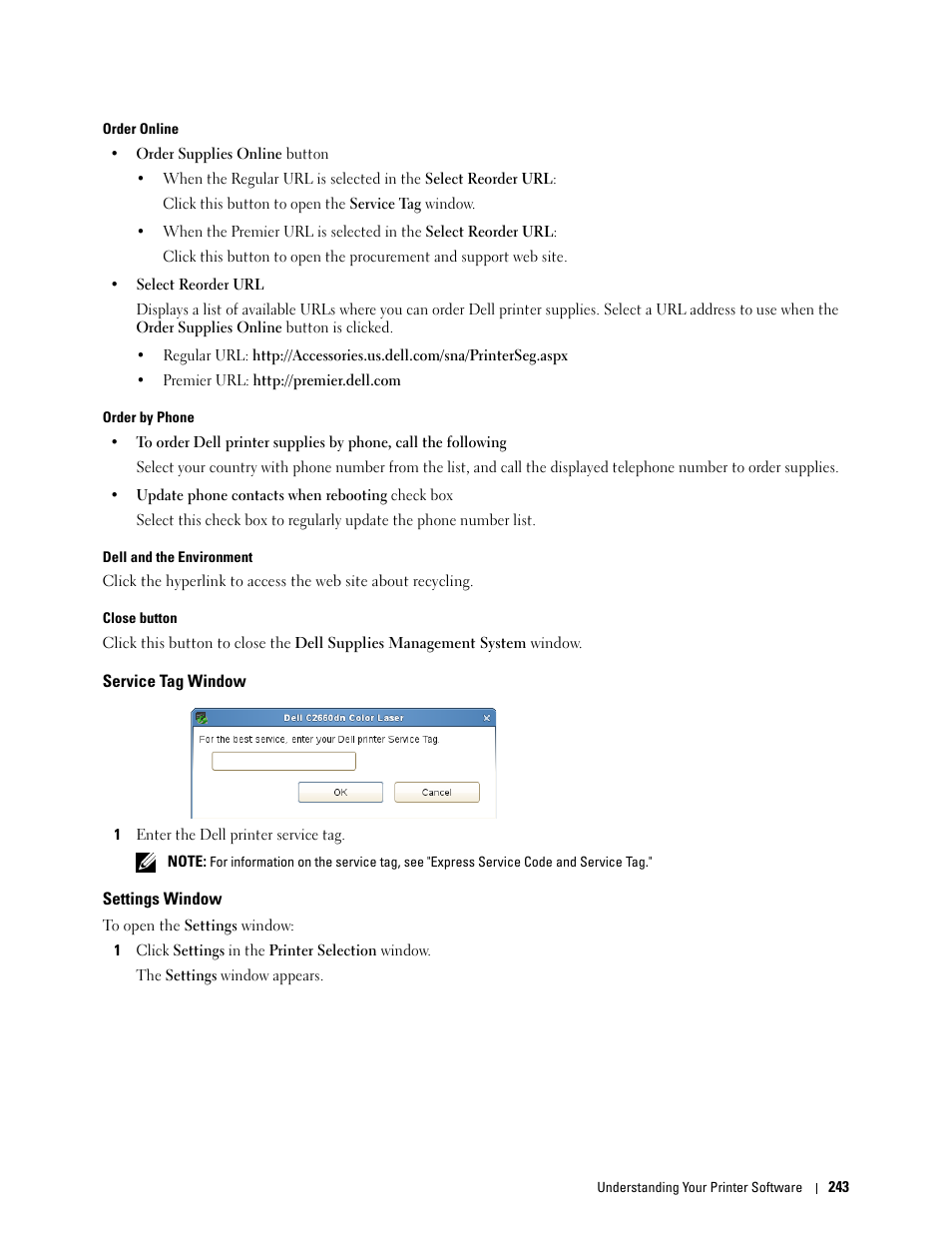 Service tag window, Settings window | Dell C2660dn Color Laser Printer User Manual | Page 245 / 361