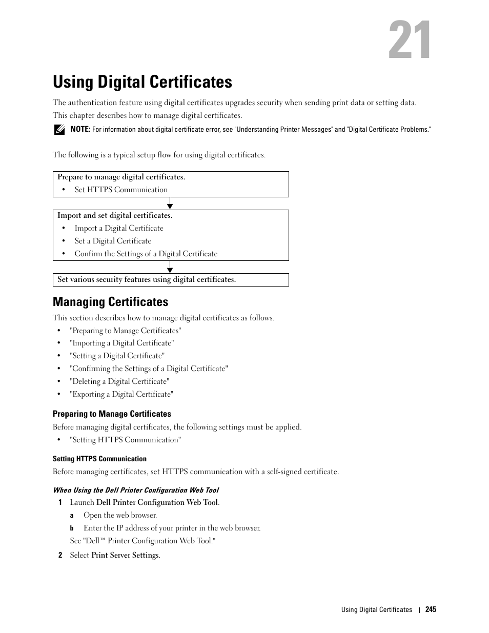 Using digital certificates, Managing certificates, Preparing to manage certificates | Using digital, Certificates, 21 using digital certificates | Dell C2660dn Color Laser Printer User Manual | Page 247 / 361