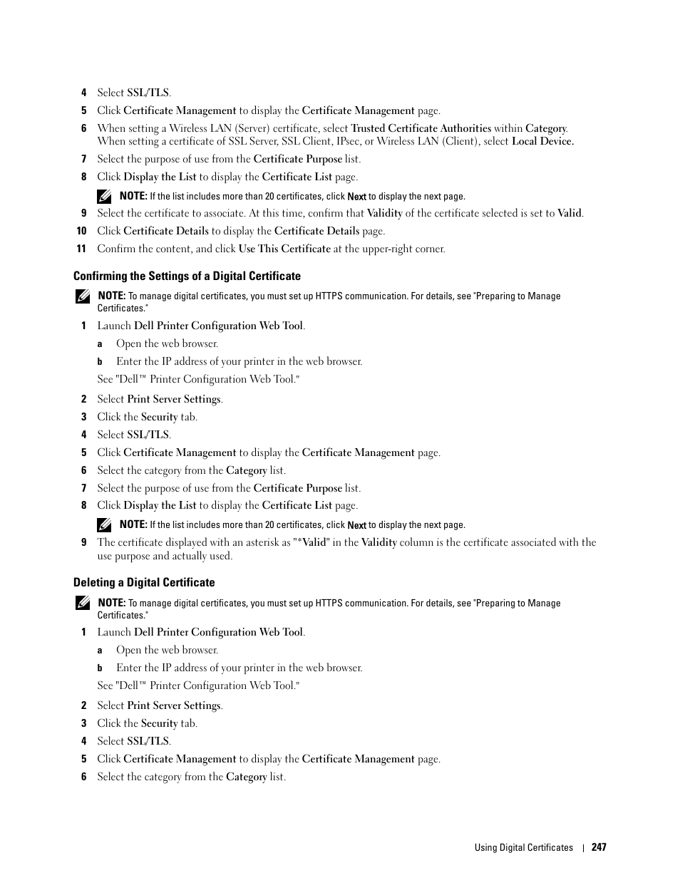 Confirming the settings of a digital certificate, Deleting a digital certificate | Dell C2660dn Color Laser Printer User Manual | Page 249 / 361