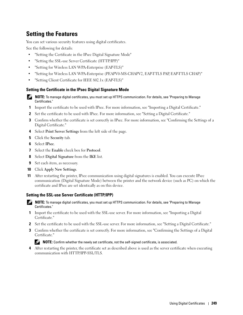 Setting the features, Setting the ssl-use server certificate (http/ipp) | Dell C2660dn Color Laser Printer User Manual | Page 251 / 361