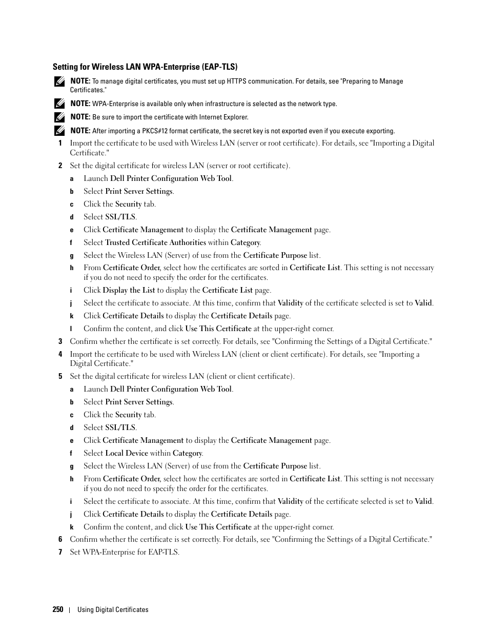 Setting for wireless lan wpa-enterprise (eap-tls) | Dell C2660dn Color Laser Printer User Manual | Page 252 / 361