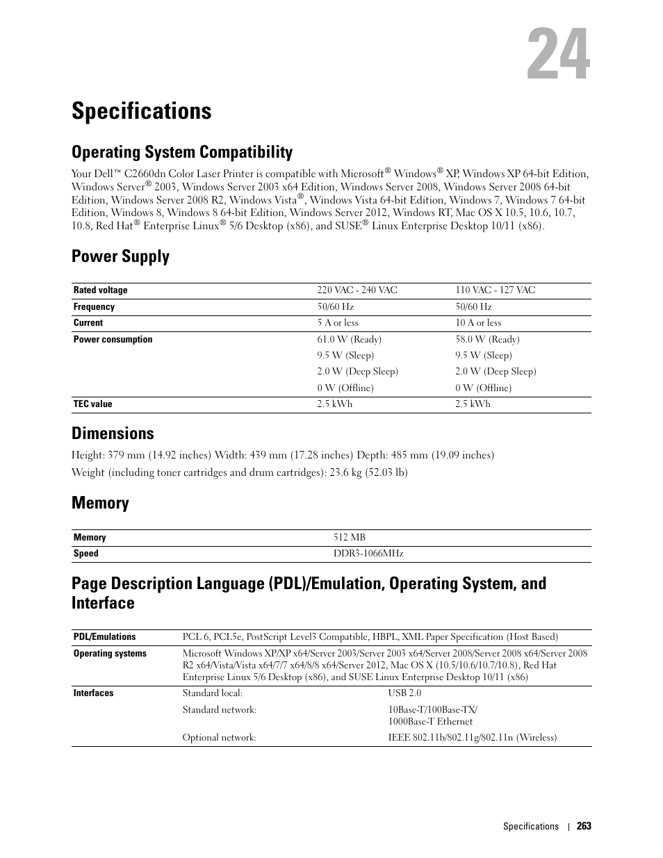 Specifications, Operating system compatibility, Power supply | Dimensions, Memory, 24 specifications | Dell C2660dn Color Laser Printer User Manual | Page 265 / 361