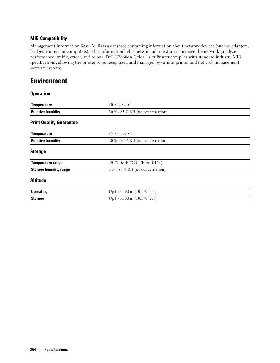 Mib compatibility, Environment, Operation | Print quality guarantee, Storage, Altitude | Dell C2660dn Color Laser Printer User Manual | Page 266 / 361