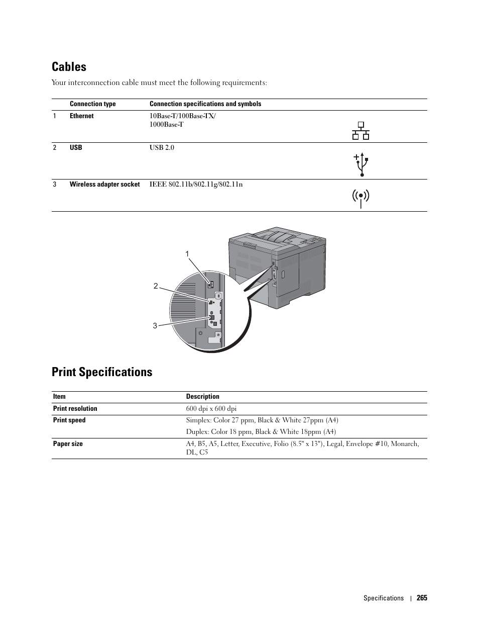 Cables, Print specifications | Dell C2660dn Color Laser Printer User Manual | Page 267 / 361