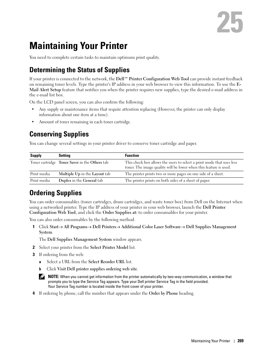 Maintaining your printer, Determining the status of supplies, Conserving supplies | Ordering supplies | Dell C2660dn Color Laser Printer User Manual | Page 271 / 361
