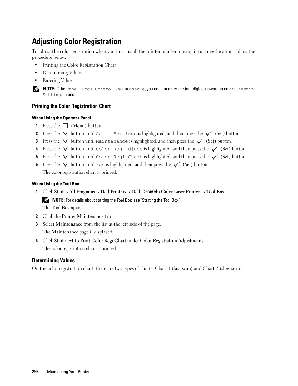 Adjusting color registration, Printing the color registration chart, Determining values | Dell C2660dn Color Laser Printer User Manual | Page 300 / 361