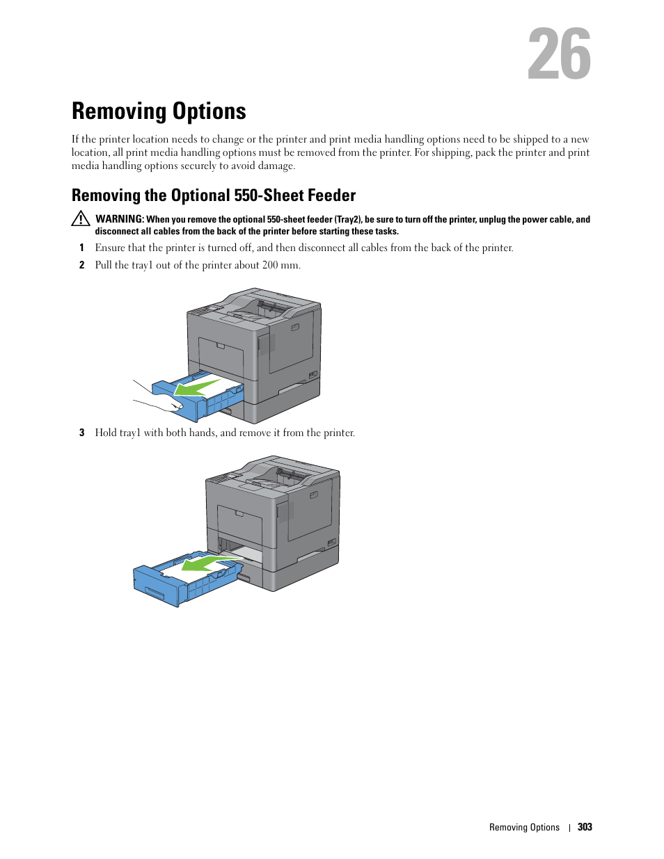 Removing options, Removing the optional 550-sheet feeder | Dell C2660dn Color Laser Printer User Manual | Page 305 / 361