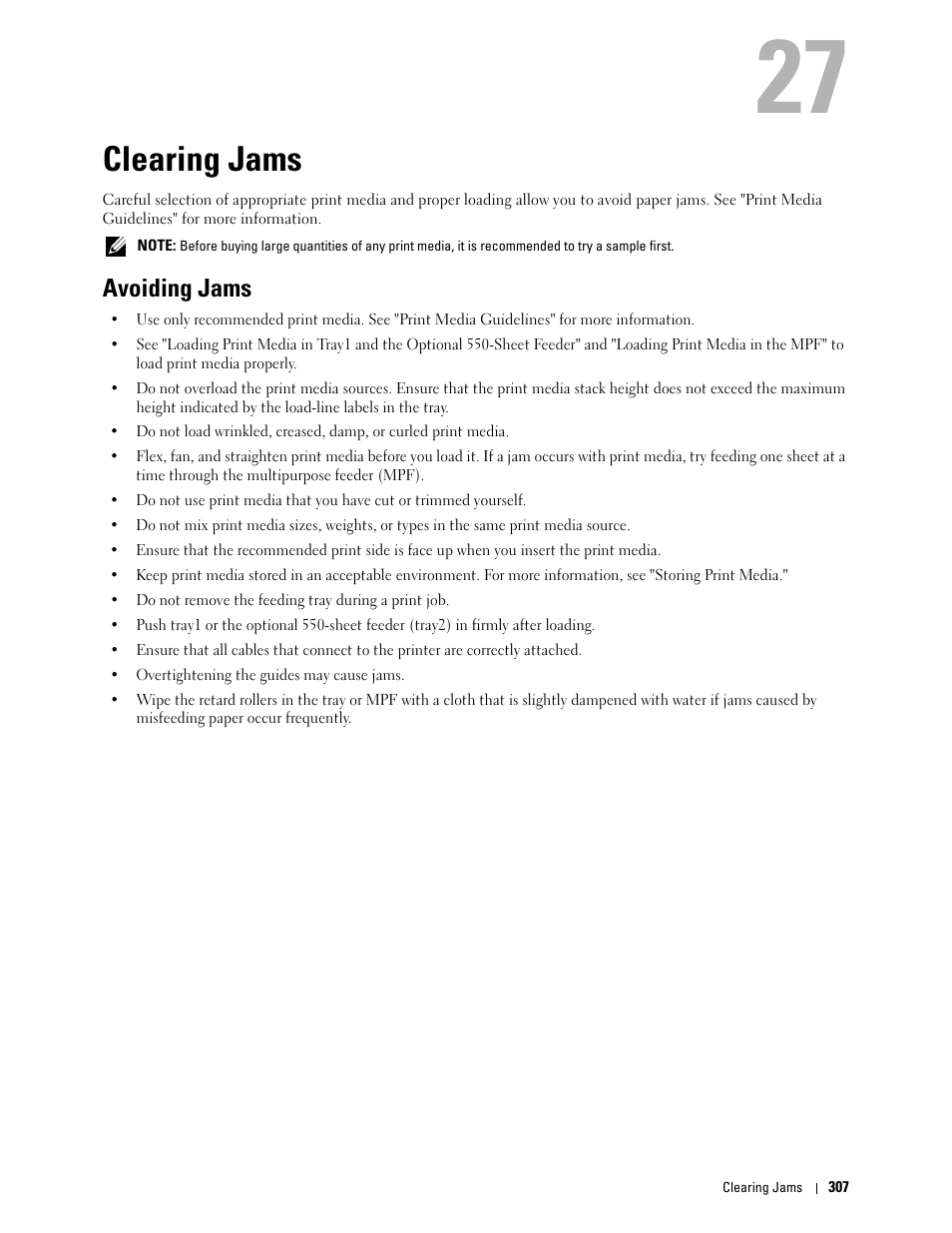 Clearing jams, Avoiding jams | Dell C2660dn Color Laser Printer User Manual | Page 309 / 361