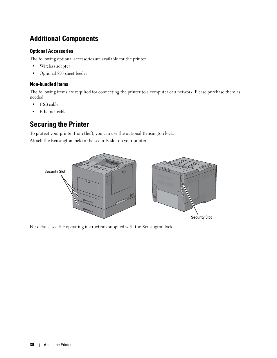 Additional components, Optional accessories, Non-bundled items | Securing the printer | Dell C2660dn Color Laser Printer User Manual | Page 32 / 361