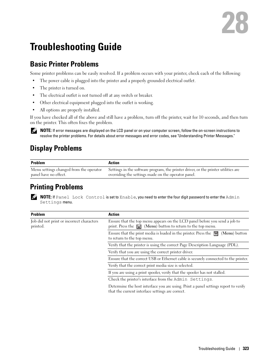 Troubleshooting guide, Basic printer problems, Display problems | Printing problems | Dell C2660dn Color Laser Printer User Manual | Page 325 / 361