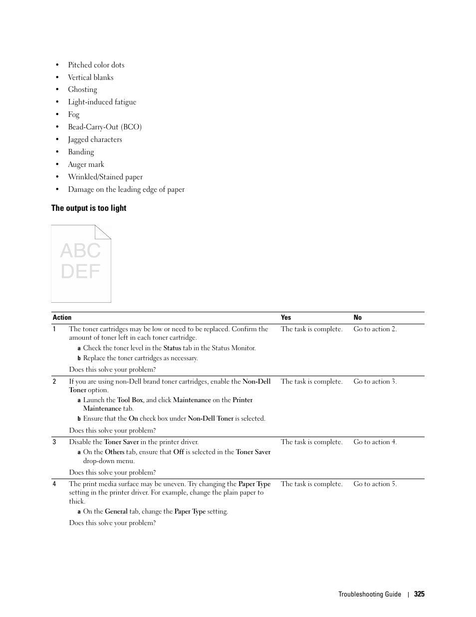 The output is too light | Dell C2660dn Color Laser Printer User Manual | Page 327 / 361