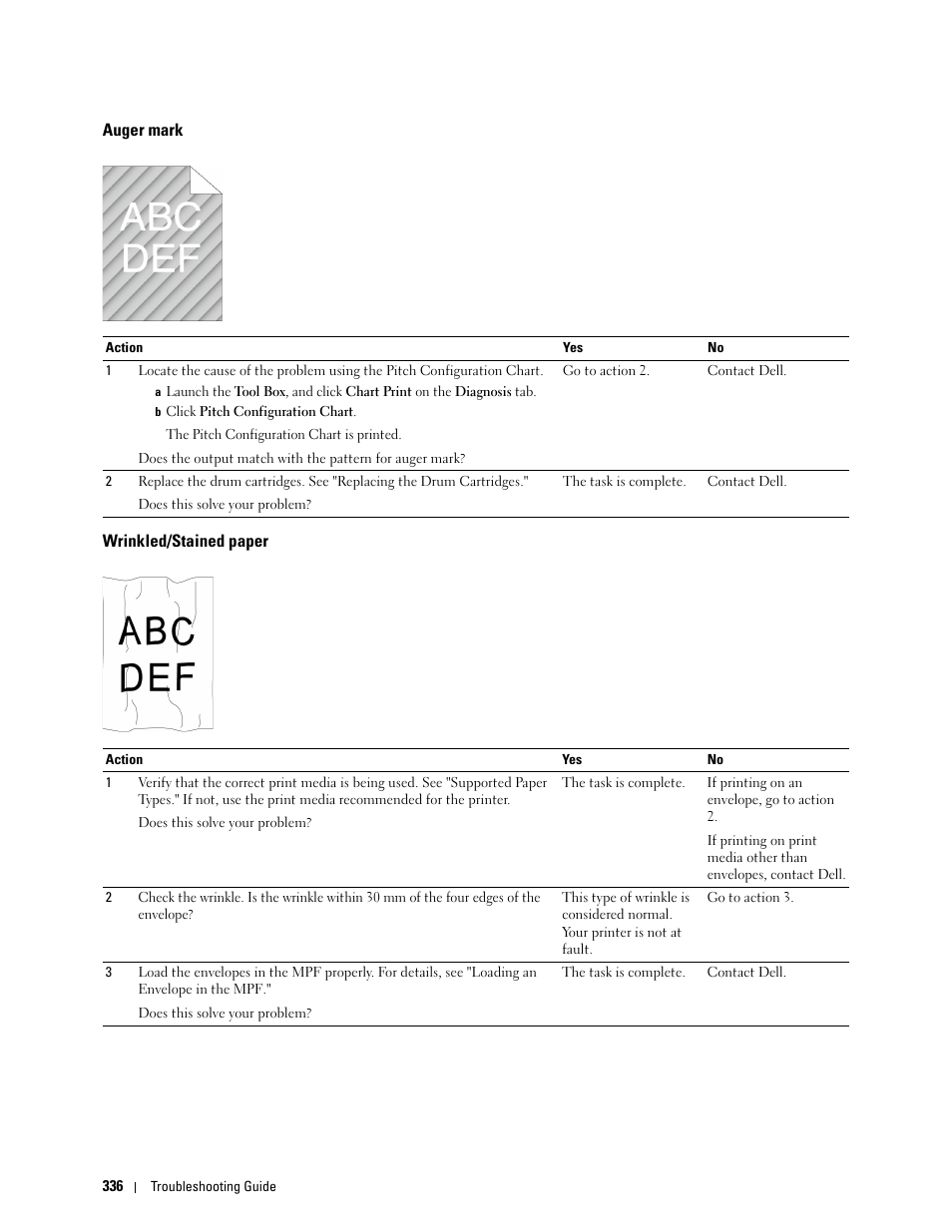 Auger mark, Wrinkled/stained paper | Dell C2660dn Color Laser Printer User Manual | Page 338 / 361