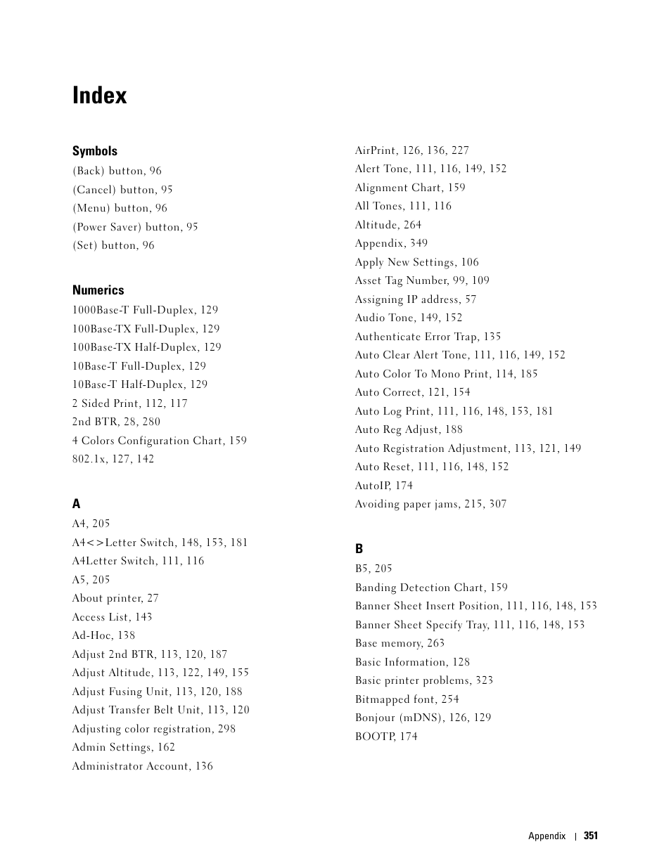 Index, Symbols, Numerics | Dell C2660dn Color Laser Printer User Manual | Page 353 / 361