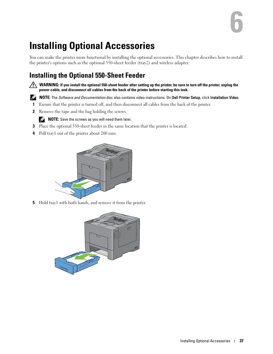 Installing optional accessories, Installing the optional 550-sheet feeder, 6 installing optional accessories | Dell C2660dn Color Laser Printer User Manual | Page 39 / 361