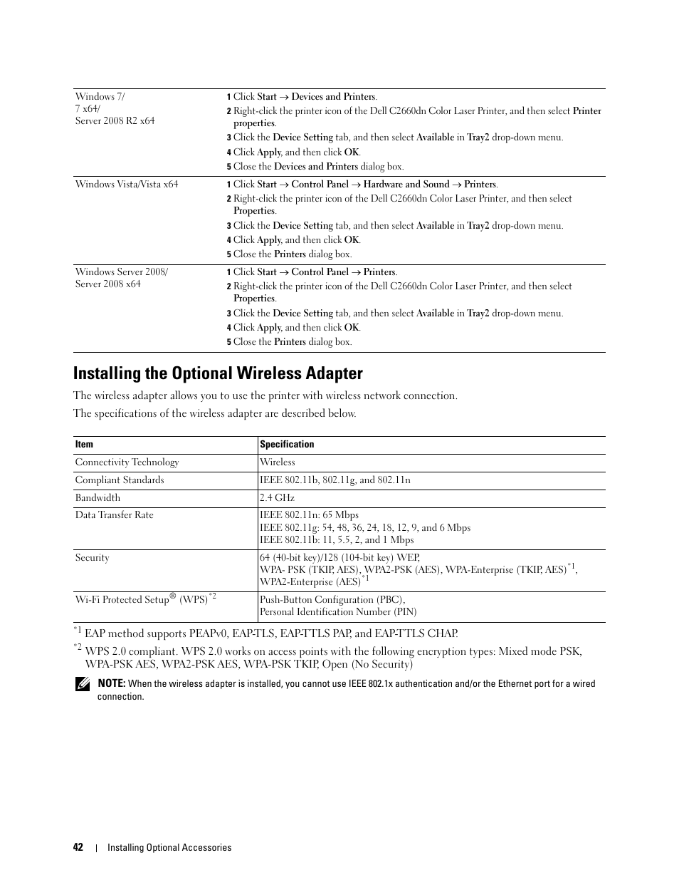 Installing the optional wireless adapter | Dell C2660dn Color Laser Printer User Manual | Page 44 / 361