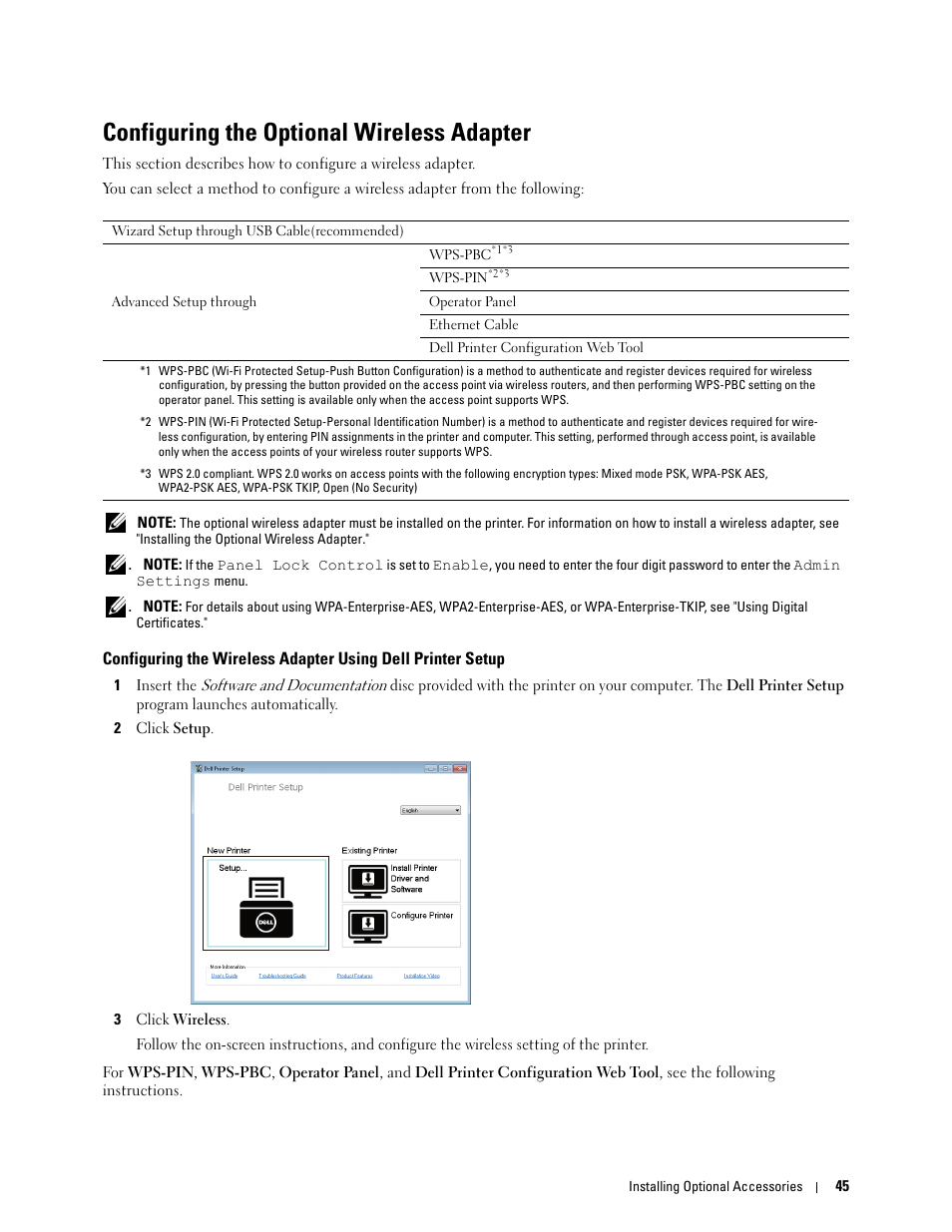 Configuring the optional wireless adapter | Dell C2660dn Color Laser Printer User Manual | Page 47 / 361