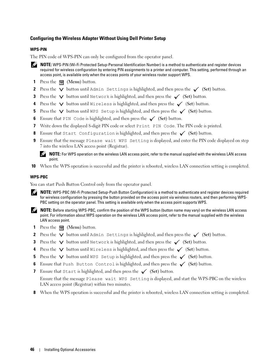 Wps-pbc, Wps-pin | Dell C2660dn Color Laser Printer User Manual | Page 48 / 361
