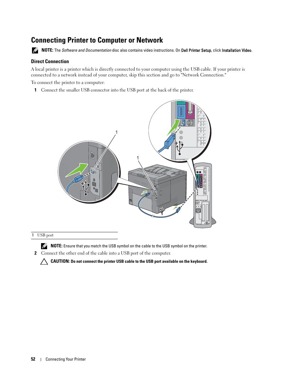 Connecting printer to computer or network, Direct connection | Dell C2660dn Color Laser Printer User Manual | Page 54 / 361