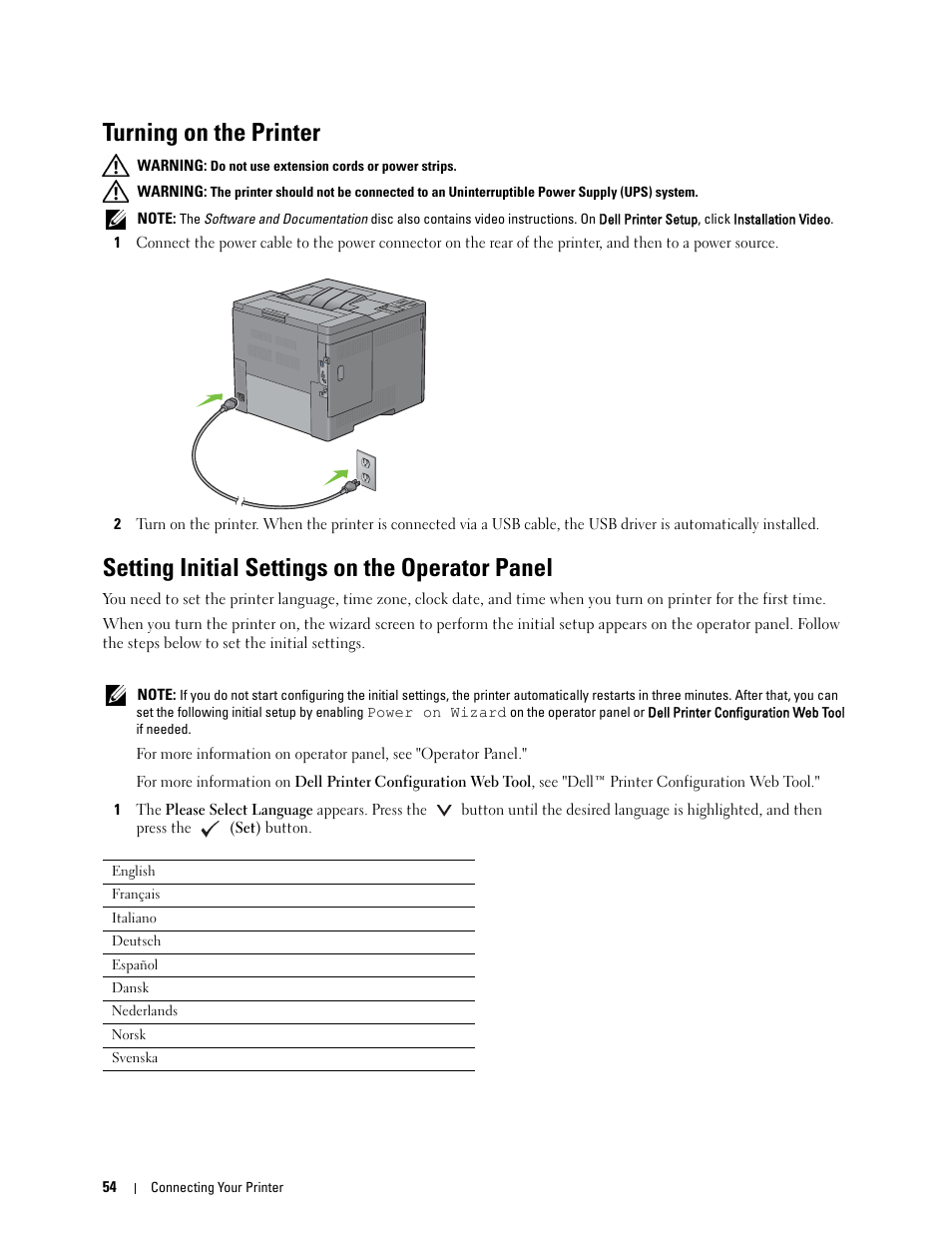 Turning on the printer, Setting initial settings on the operator panel | Dell C2660dn Color Laser Printer User Manual | Page 56 / 361