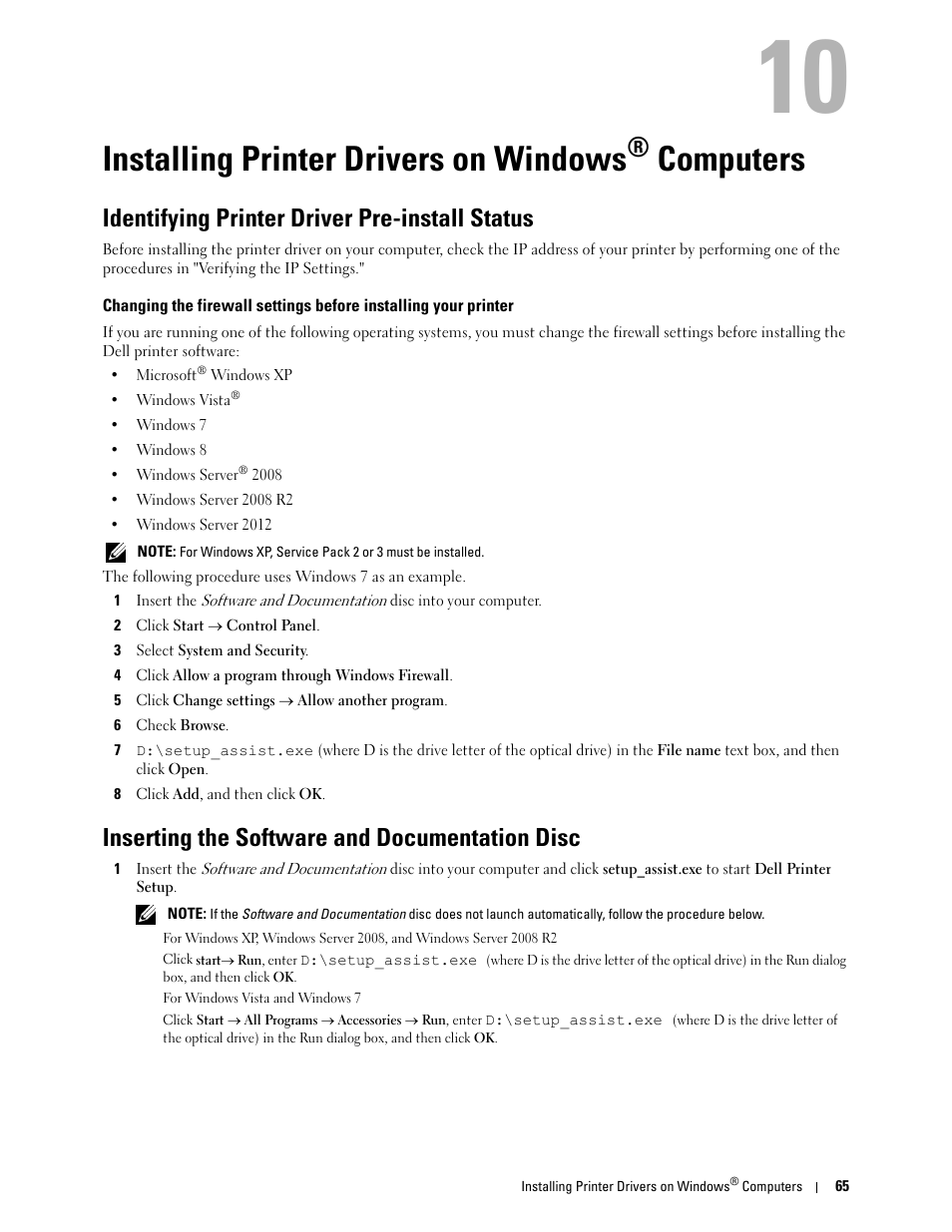 Installing printer drivers on windows® computers, Identifying printer driver pre-install status, Inserting the software and documentation disc | Installing printer drivers on windows, 10 installing printer drivers on windows, Computers | Dell C2660dn Color Laser Printer User Manual | Page 67 / 361