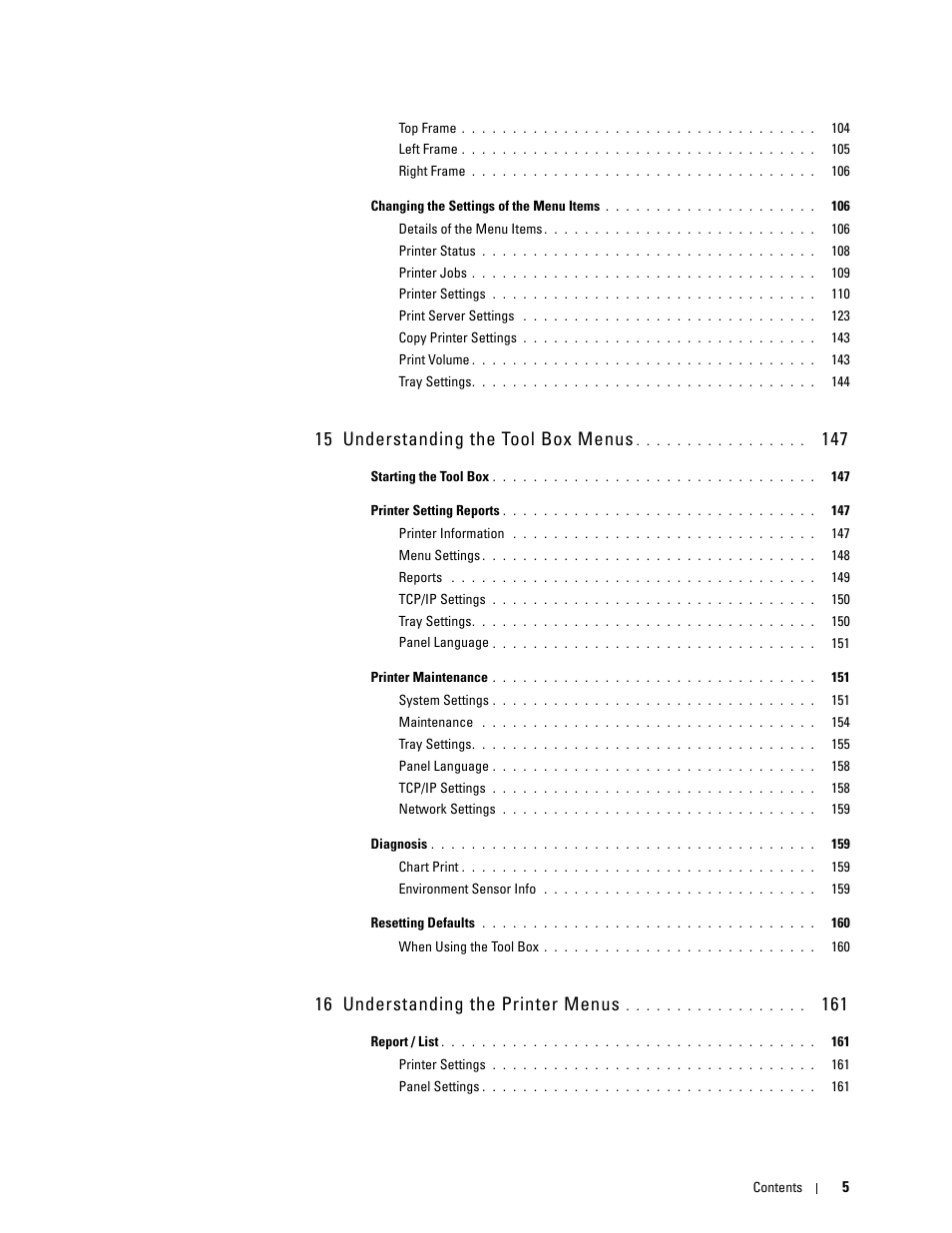 15 understanding the tool box menus 147, 16 understanding the printer menus 161, 15 understanding the tool box menus | 16 understanding the printer menus | Dell C2660dn Color Laser Printer User Manual | Page 7 / 361