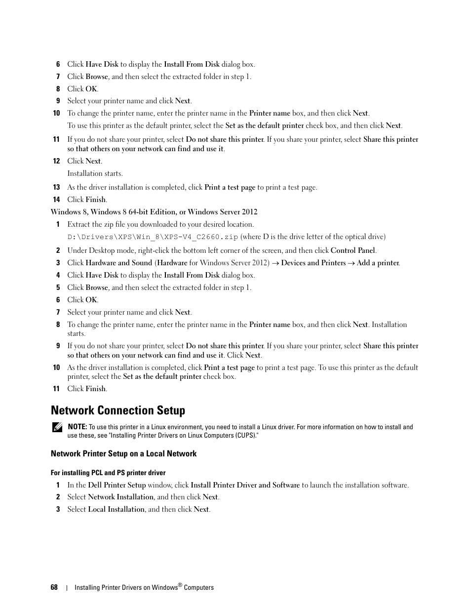 Network connection setup, Network printer setup on a local network | Dell C2660dn Color Laser Printer User Manual | Page 70 / 361