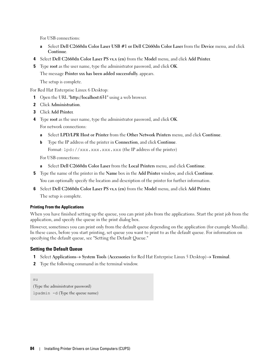 Setting the default queue | Dell C2660dn Color Laser Printer User Manual | Page 86 / 361
