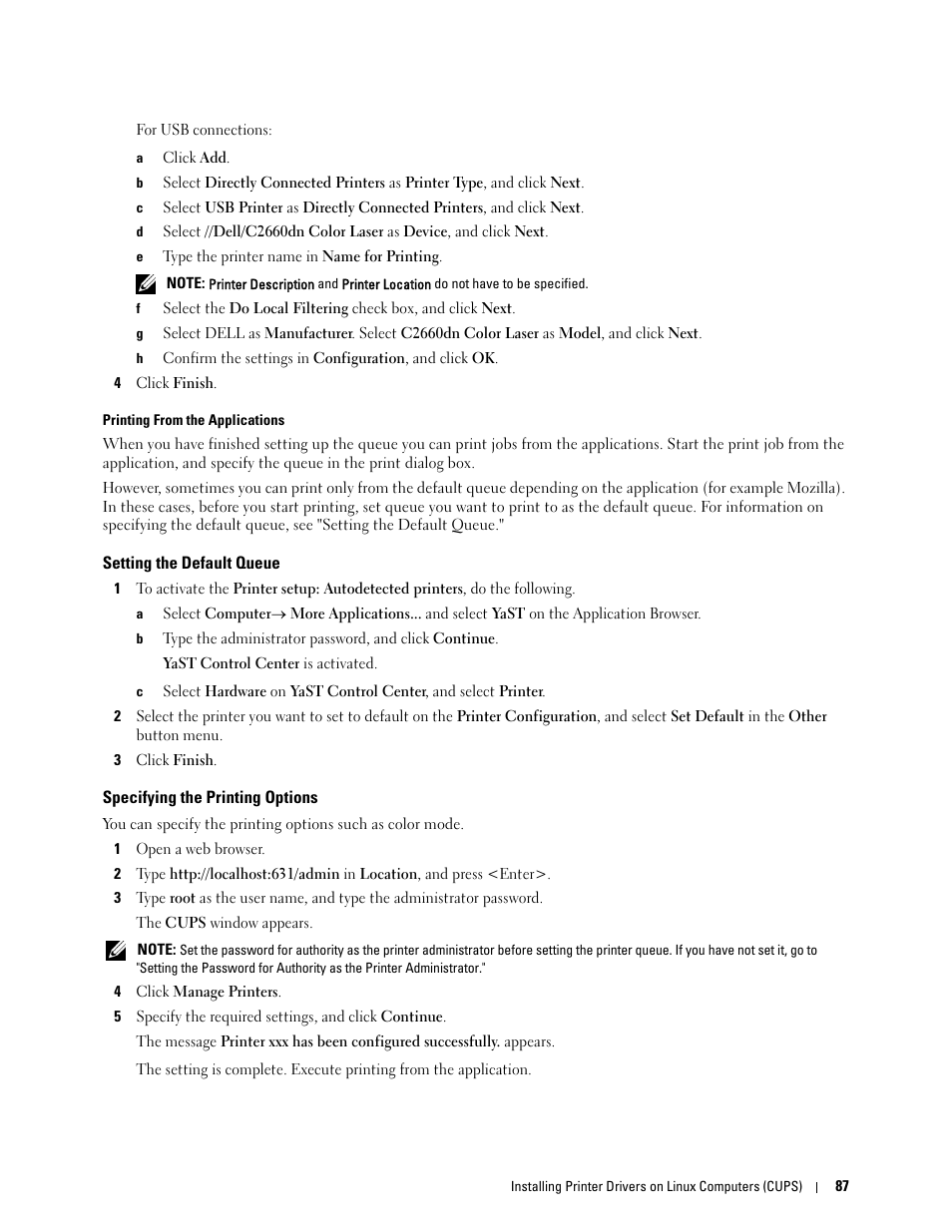Setting the default queue, Specifying the printing options | Dell C2660dn Color Laser Printer User Manual | Page 89 / 361