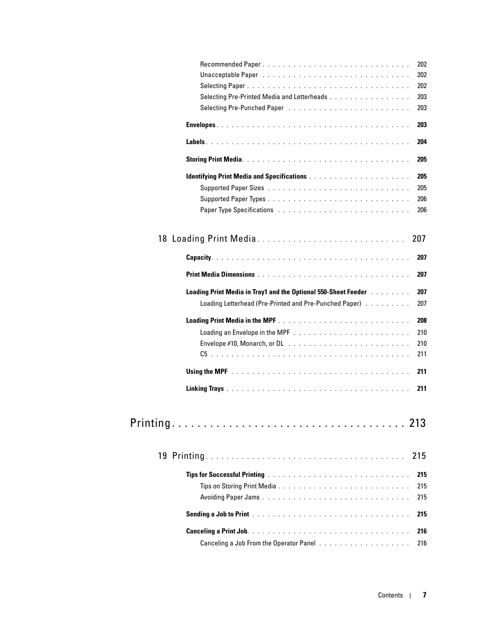 18 loading print media 207, 19 printing 215, Printing | 18 loading print media, 19 printing | Dell C2660dn Color Laser Printer User Manual | Page 9 / 361