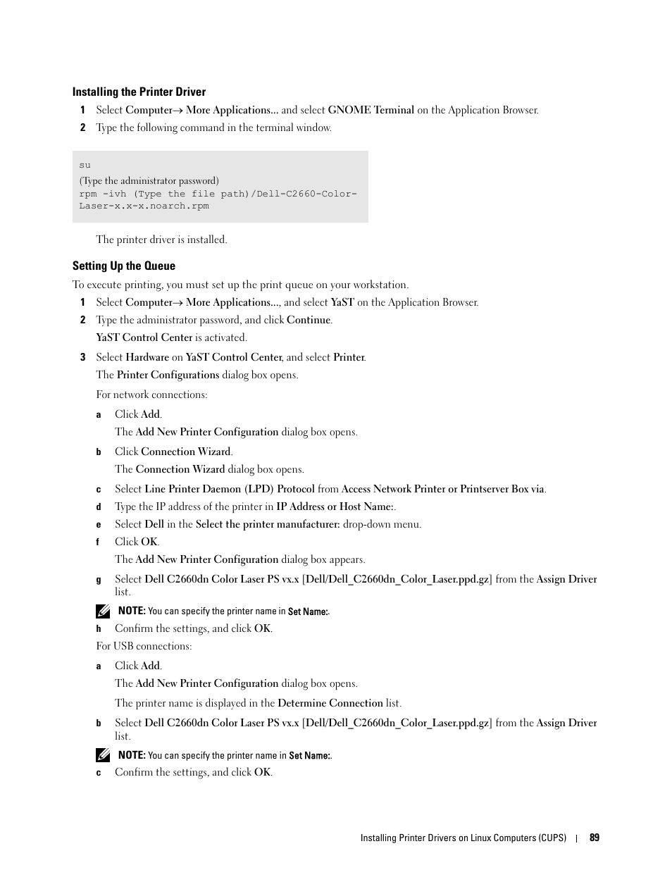 Installing the printer driver, Setting up the queue | Dell C2660dn Color Laser Printer User Manual | Page 91 / 361