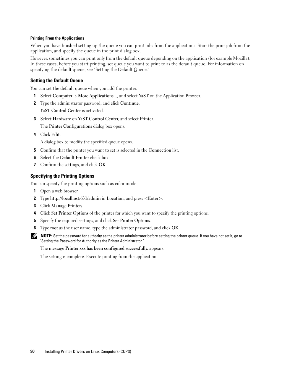 Setting the default queue, Specifying the printing options | Dell C2660dn Color Laser Printer User Manual | Page 92 / 361